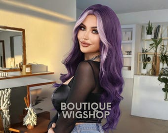 PURPLE long straight wavy Wig w/ bangs Amazon.com : WTHCOS Dark Purple Wigs for Women Long Curly  main image 4