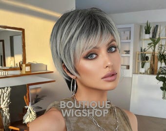 Graue Pixie-Perücke - Blonder Highlight, hitzebeständige Faser