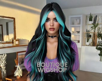 Black Turquoise Ombre Long Wig with Soft Waves, Blue Highlight Medium Curly Wig with Bangs – Soft Wavy Heat-Resistant Daily Style for Women