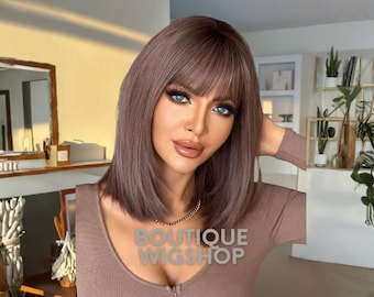 Peluca Bob Marrón Ceniza con Flequillo, Cabello Sintético Lacio