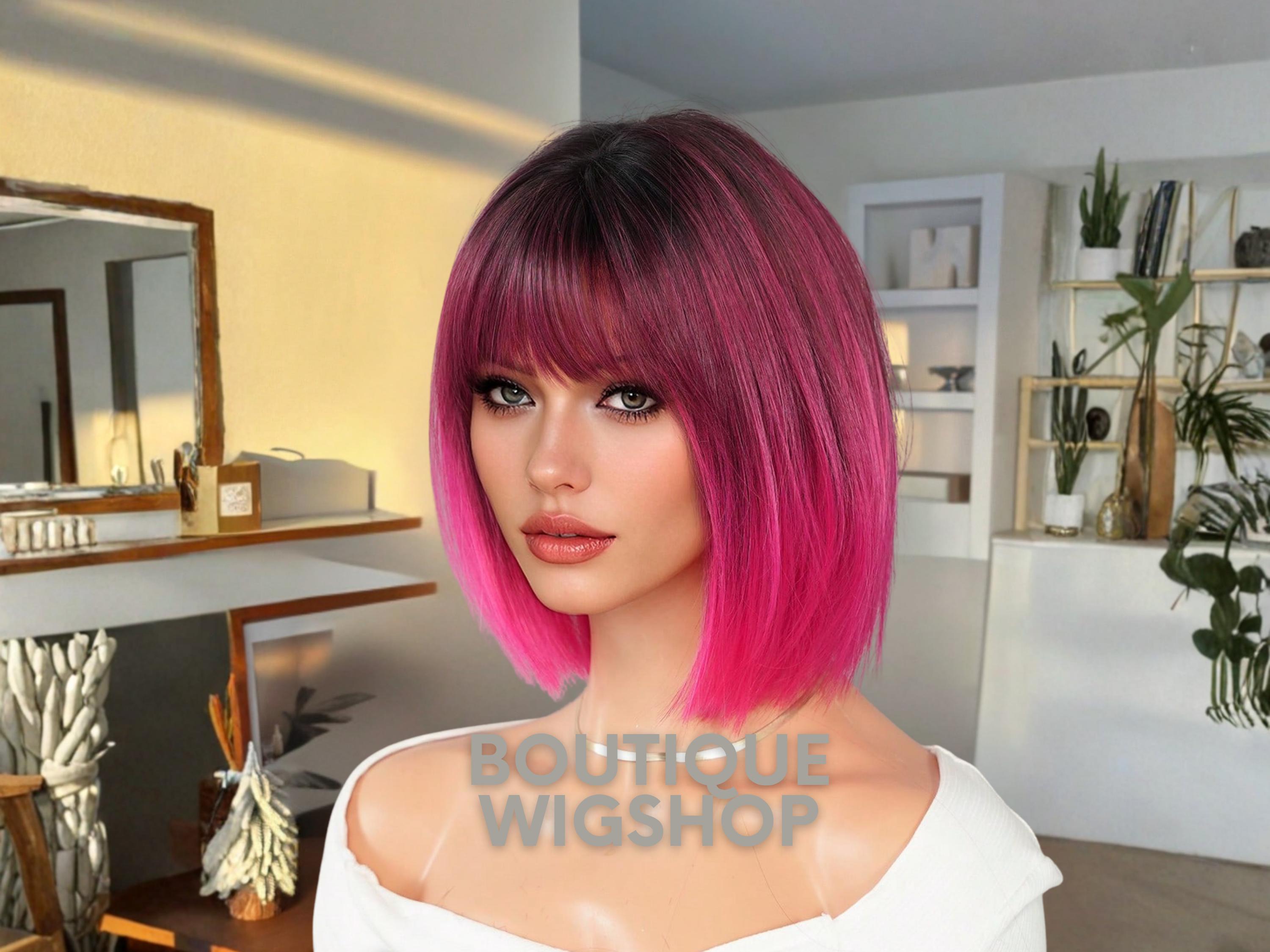 Women Pink Heat Resistant Synthetic Straight Ombre Bob Wig Bangs 10 Inch Short Synthetic Ombre Bob Wig Blonde to Pink with Bangs Heat  main image 2