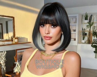 Black Bob Wig with Grey Underlayer – Short Straight Synthetic Hair