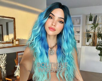 Blue Ombre Wavy Wig, Black Roots, Aqua Mermaid Hair