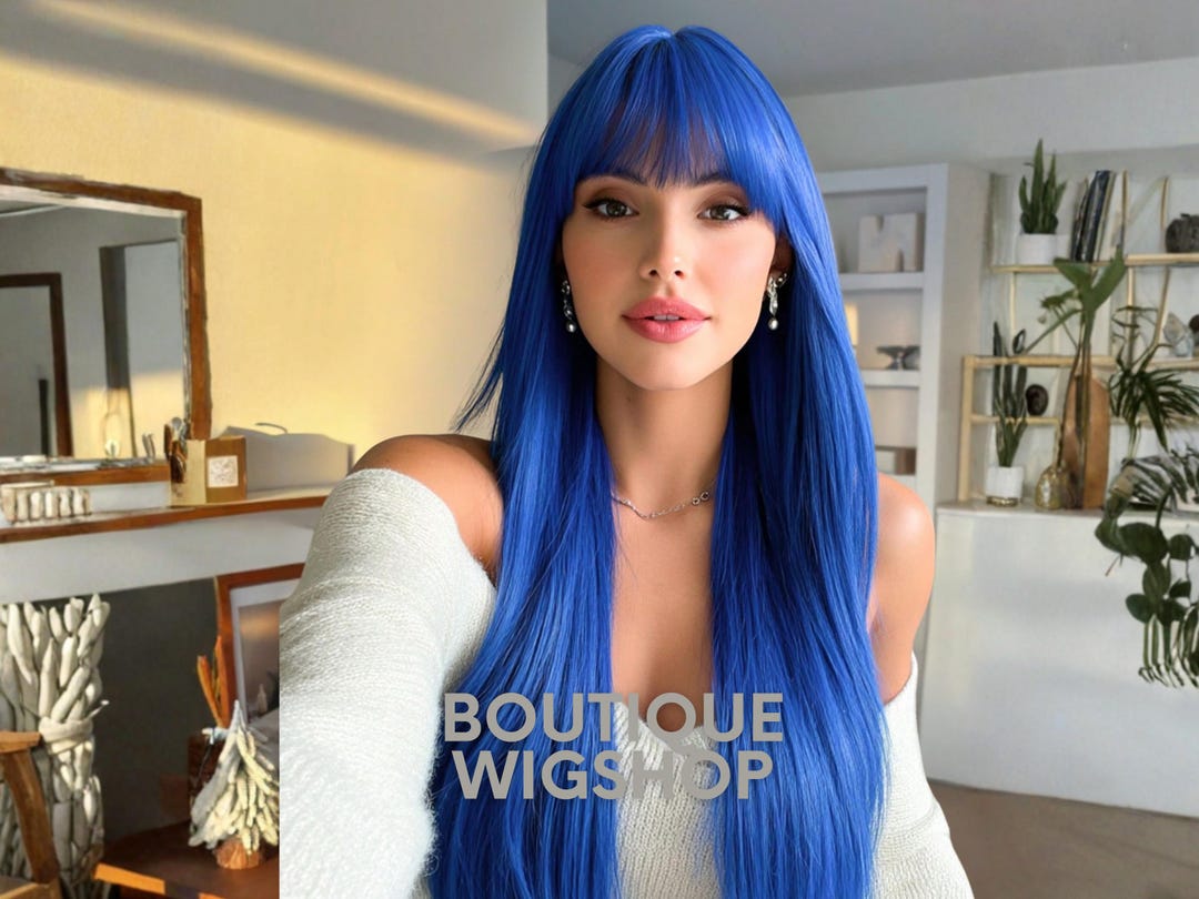 Electric Blue Straight Wig With Bangs, Silky Synthetic Hair  display picture 2