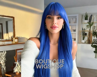 Electric Blue Straight Wig with Bangs, Silky Synthetic Hair