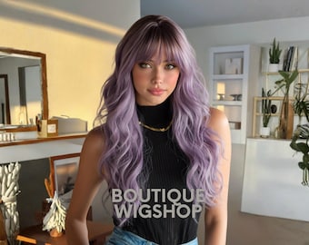 Lavender Purple Wavy Wig with Bangs – Heat-Resistant Synthetic Hair