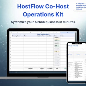 Könnte beinhalten: Ein Laptop und ein Smartphone zeigen das "HostFlow Co-Host Operations Kit" mit dem Text "Systemize your Airbnb business in minutes". Der Laptop-Bildschirm zeigt eine Tabelle, und das Telefon zeigt eine Liste der enthaltenen Dateien.