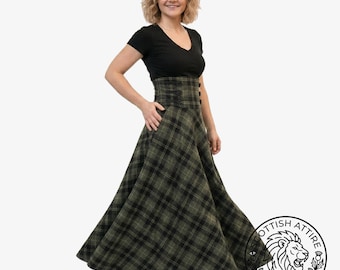 Falda de cuadros verdes talla S, falda de talle ultra alto con bolsillos, falda de tartán verde estilo academia oscura, ropa de tallas grandes, estilo victoriano