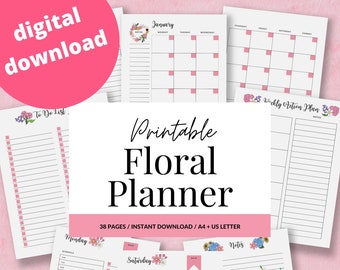May include: Printable floral planner with 38 pages, including a monthly calendar, weekly action plan, daily schedule, to-do list, and notes pages. The planner features floral illustrations and a pink and white color scheme.