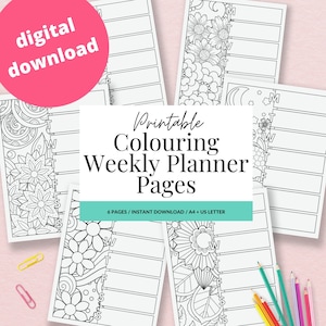 Planejador semanal para colorir - Página do planejador para impressão - Coloração para adultos - Cronograma de coloração - Coloração floral - Download digital de carta A4/EUA