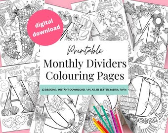Printable Coloring Planner Insert, Monthly Divider Pages, Bullet Journal Dashboards, Monthly Calendar, Month Title Pages, Journaling Cover