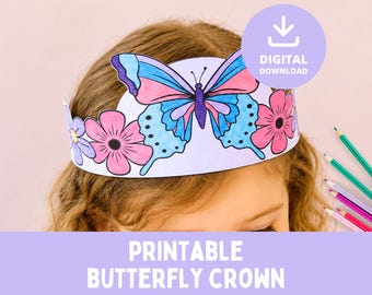 Butterfly Crown Craft, Princess Party Bag Filler, Paper Hat Coloring, Printable Activity, Kids Craft, Birthday Party, Dress-up Role Play