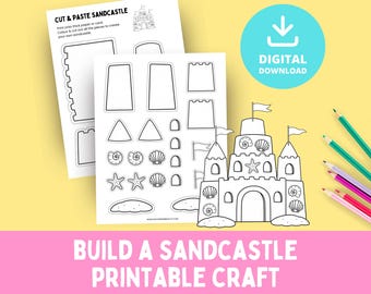 Build a Sandcastle, Printable Craft, Cut & Paste Castle, Summer Vacation, Colouring Page, Kids Activity, Beach Worksheet, PDF Template