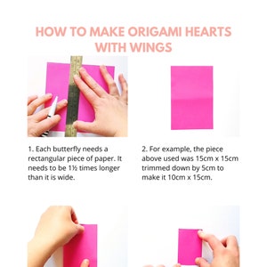 K&ouml;nnte beinhalten: Anleitung zum Falten von Origami-Herzen mit Fl&uuml;geln. Die Abbildung zeigt ein rechteckiges rosa Papier und die Verwendung eines Lineals und Stifts. Der Text erkl&auml;rt die ben&ouml;tigten Papierma&szlig;e f&uuml;r die Origami-Herzen.
