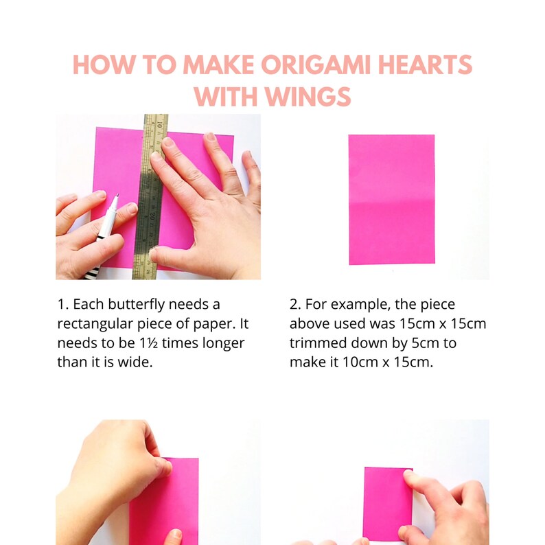 K&ouml;nnte beinhalten: Anleitung zum Falten von Origami-Herzen mit Fl&uuml;geln. Die Abbildung zeigt ein rechteckiges rosa Papier und die Verwendung eines Lineals und Stifts. Der Text erkl&auml;rt die ben&ouml;tigten Papierma&szlig;e f&uuml;r die Origami-Herzen.