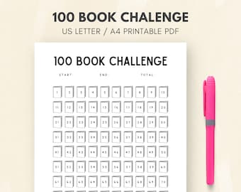 May include: A printable 100 book challenge checklist with a grid of 70 numbered squares. The title "100 Book Challenge" is at the top of the page. The words "Start", "End", and "Total" are at the top of the grid.