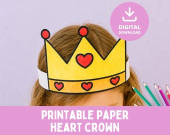 Paper Heart Princess Crown, Printable Activity, Kids Crafts, Valentine Headband, Queen Party Bag Filler, Birthday Party, Dress-up Role Play