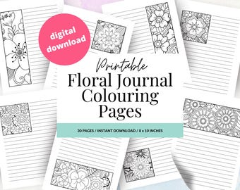 Colouring Journal Pages, Printable Lined Page, Floral Design, Stationery Paper, Printable Journals, Planner Inserts, Flowers Junk Journal