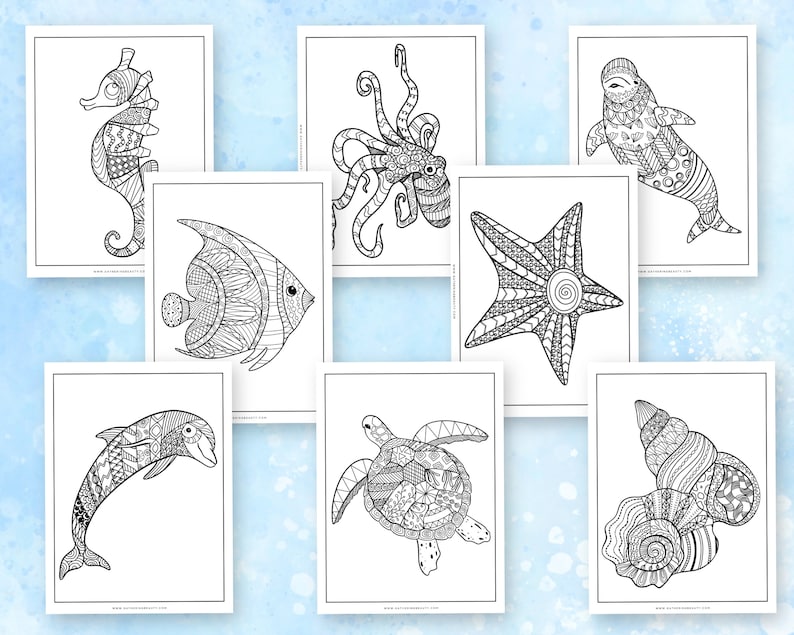 May include: A set of eight black and white coloring pages featuring intricate designs of various sea creatures, including a seahorse, octopus, starfish, fish, dolphin, turtle, and seashell.