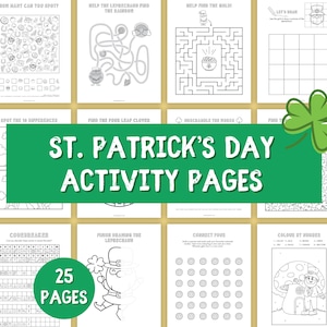 Páginas de actividades para el día de San Patricio, actividades imprimibles, juegos para fiestas de San Patricio, página para colorear para niños, Veo, sopa de letras, laberinto de duendes