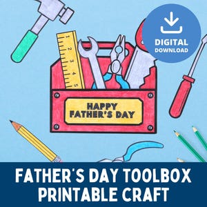 Può includere: Illustrazione di una cassetta degli attrezzi rossa con vari strumenti, tra cui un martello, una chiave inglese e un cacciavite, su sfondo azzurro. Il testo "HAPPY FATHER'S DAY" è visualizzato sulla cassetta degli attrezzi. L'immagine include anche il testo "FATHER'S DAY TOOLBOX PRINTABLE CRAFT".