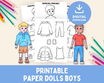 Boy Paper Doll, Paper Dolls Kit, Printable Craft, Coloring Page, Activity Worksheet, Paper Doll Craft, Dress Up, Cut Out Template