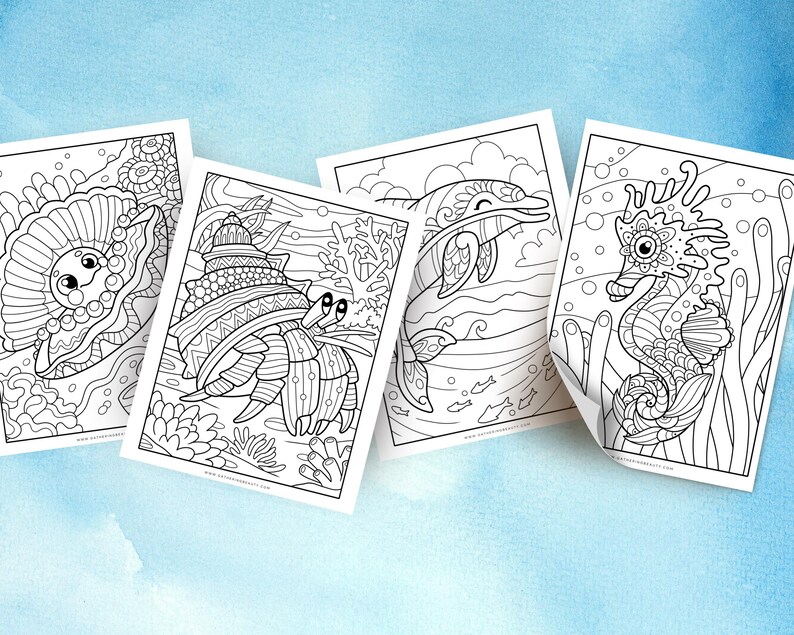 May include: Four black and white colouring pages featuring sea creatures. The pages include a clam, a hermit crab, a dolphin, and a seahorse.