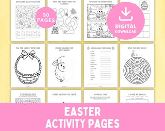 Pagine di attività di Pasqua, attività stampabili, giochi per feste di primavera, pagine da colorare per bambini, trova il pulcino, ricerca di parole, labirinto con il coniglietto, colora con i numeri