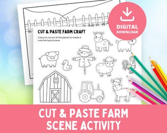 Build a Farm, Cut and Paste Craft, Printable Farmyard, Farm Scene Playset, Colouring Page, Kids Worksheet