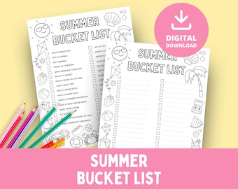 Summer Bucket List, Printable Summer Activities, Coloring Page, Holiday To Do List, Summer Break Activity Checklist, Fun Kids Worksheet, PDF