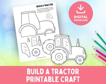 Build A Tractor, Printable Craft, Cut & Paste Printables, Spring Farm, Farmyard Vehicle, Colouring Page, Kids Activity, PDF Template