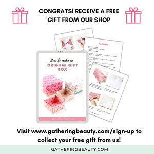 K&ouml;nnte beinhalten: Werbebild f&uuml;r ein kostenloses Geschenk. Es zeigt ein Tablet mit Anleitungen und Beispielen f&uuml;r Origami-Geschenkboxen. Der Text lautet: &bdquo;GRATULIERE! ERHALTEN SIE EIN KOSTENLOSES GESCHENK VON UNSEREM SHOP&ldquo;.