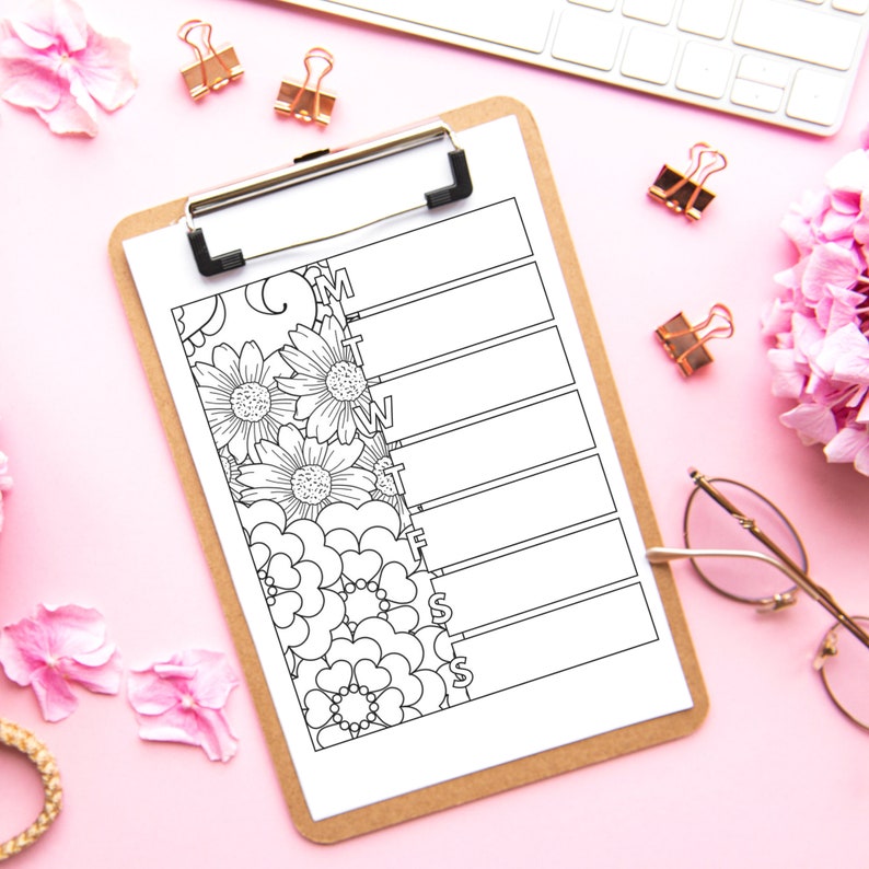 Colouring Weekly Planner - Printable Planner Page - Adult Colouring - Colouring Schedule - Floral Colouring - A4/US Letter Digital Download image 3