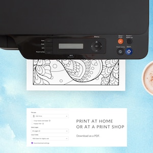May include: A black and white printable colouring page featuring a detailed mandala design. The page is ready to be printed at home or at a print shop. Download as a PDF.