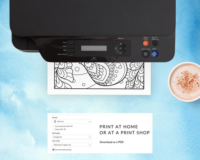 May include: A black and white printable colouring page featuring a detailed mandala design. The page is ready to be printed at home or at a print shop. Download as a PDF.