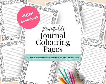 Colouring Journal Pages, Printable Lined Pages, Stationery Paper, Colouring Page Border, Printable Journals, Planner Page Inserts