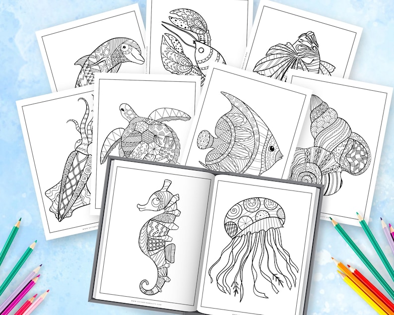 May include: A coloring book with eight pages featuring intricate line drawings of various sea creatures, including a dolphin, lobster, jellyfish, seahorse, turtle, fish, octopus, and seashell.