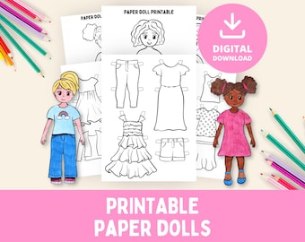 Paper Dolls Kit, Printable Craft, Coloring Page, Activity Worksheet, Paper Doll Craft, Dress Up, Cut Out Template