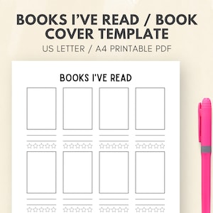 May include: Printable book tracker template with the title "Books I've Read / Book Cover Template" and the text "US Letter / A4 Printable PDF". The template has six book cover spaces with lines for titles and five stars for rating.