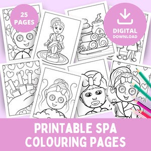 May include: A collection of printable spa coloring pages featuring line art illustrations of spa treatments and beauty routines. The pages are black and white and include images of facials, manicures, and relaxation scenes. The text "25 PAGES" and "DIGITAL DOWNLOAD" are visible.