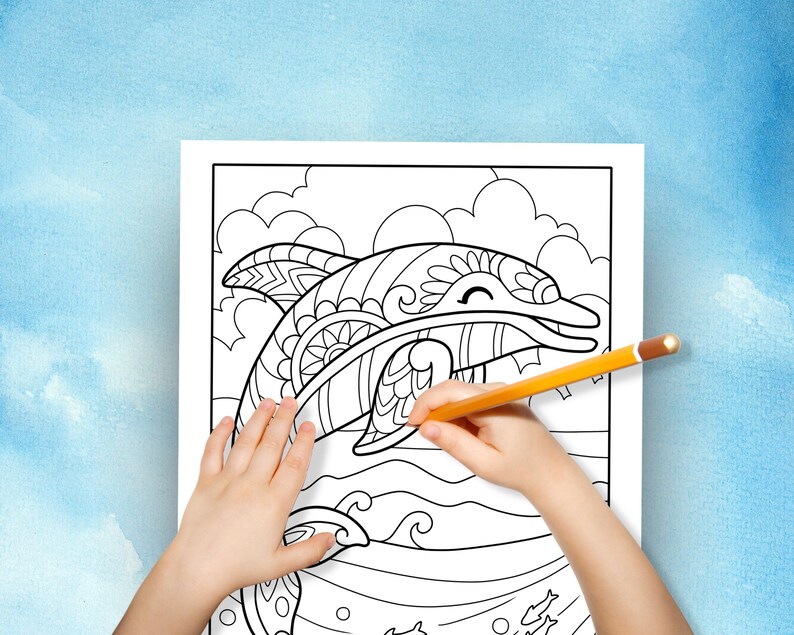 May include: A black and white colouring page featuring a detailed illustration of a dolphin with a smiling face. The dolphin is surrounded by waves and bubbles. A hand is holding a yellow pencil and colouring the dolphin.