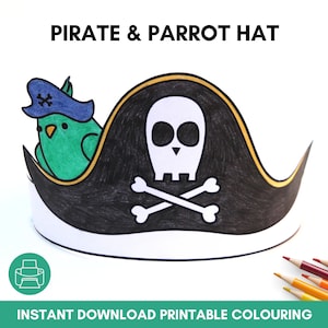Pirate Hat Paper Crown, Parrot Hat, Printable Template, Pirate Captain Headband, Coloring Sheet Activity, Kids Craft, Party Bag Favor