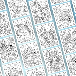 May include: A set of 12 printable colouring pages featuring intricate line drawings of various sea creatures, including a jellyfish, a whale, an octopus, a fish, a seahorse, a crab, a turtle, a pufferfish, a flying fish, a lobster, and a hermit crab.