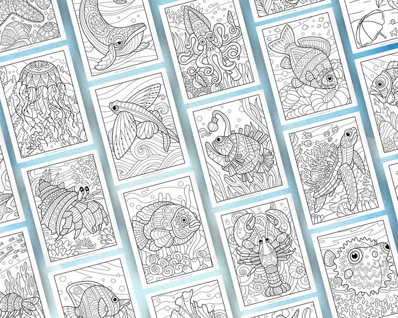 May include: A set of 12 printable colouring pages featuring intricate line drawings of various sea creatures, including a jellyfish, a whale, an octopus, a fish, a seahorse, a crab, a turtle, a pufferfish, a flying fish, a lobster, and a hermit crab.