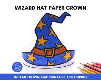 Corona de papel con sombrero de mago, plantilla imprimible, diadema de fiesta de Halloween, página de actividades para colorear de cumpleaños, manualidades para niños DIY, disfraces para juegos de simulación