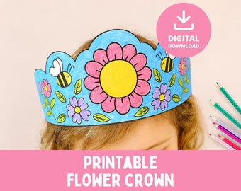 Printable Flower Crown, Spring Craft, Kids Activity, Colour In Crown, DIY Headband, Kids Crafts, Party Favour, Paper Template