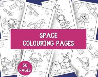May include: A set of 30 space-themed colouring pages. Each page features black and white illustrations of rockets, astronauts, planets, satellites, and aliens. The title "SPACE COLOURING PAGES" is displayed on a pink banner.