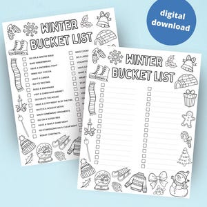 Könnte beinhalten: Eine druckbare Winter-Bucket-Liste mit zwei Spalten voller Aktivitäten, die man während der Wintersaison unternehmen kann. Die Liste enthält Aktivitäten wie einen Winterspaziergang, Lebkuchen backen, eine Schneeballschlacht, heißes Kakao trinken, eine Kerze anzünden, Schlittschuhlaufen, einen Schneemann bauen, einen Weihnachtsmarkt besuchen, das Haus dekorieren, einen gemütlichen Abend am Kamin verbringen, einen Weihnachtsfilm schauen, selbstgemachte Weihnachtsbaumschmuck basteln, eine Schlittenfahrt machen, ein Familienspielabend veranstalten, bei klarem Himmel Sterne beobachten und Kastanien rösten. Die Liste ist von winterlichen Illustrationen umgeben, darunter Schneeflocken, ein Schneemann, eine Glocke, ein Strumpf, ein Lebkuchenmann, ein Zuckerstange, ein Weihnachtsbaum, ein Schlitten, eine Schneekugel, eine Wintermütze und ein Pullover.