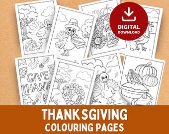Könnte beinhalten: Eine Sammlung von schwarz-weißen Thanksgiving-Malvorlagen mit Truthähnen, Kürbissen, Mais, Kuchen und Herbstblättern. Die Seiten enthalten Texte wie "HAPPY THANKSGIVING" und "GIVE THANKS" sowie ein rotes kreisförmiges "DIGITAL DOWNLOAD"-Symbol.