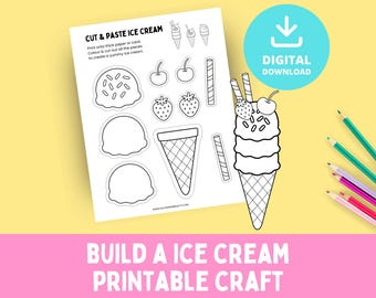 Build an Ice Cream, Printable Craft, Cut & Paste Ice Cream Cone, Summer Vacation, Colouring Page, Kids Activity, PDF Template